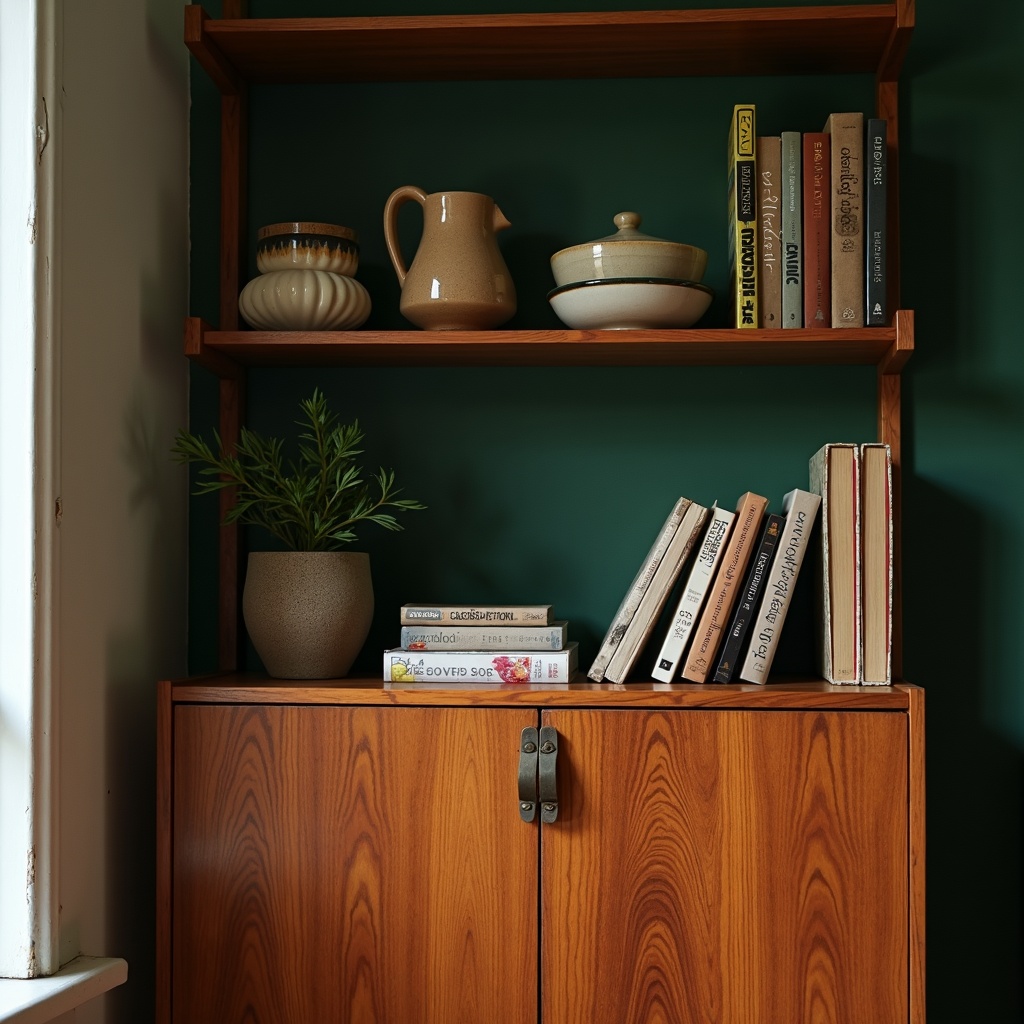 An antique cedar bookshelf styled with coastal ceramics and books above a timber cabinet