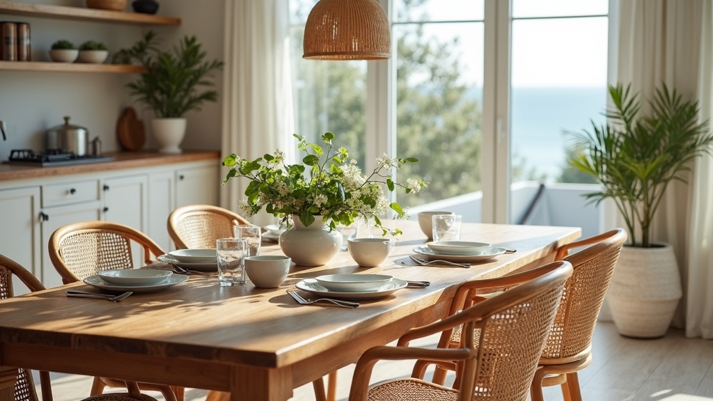 A coastal dining setting with a vintage timber table and rattan chairs set for a meal
