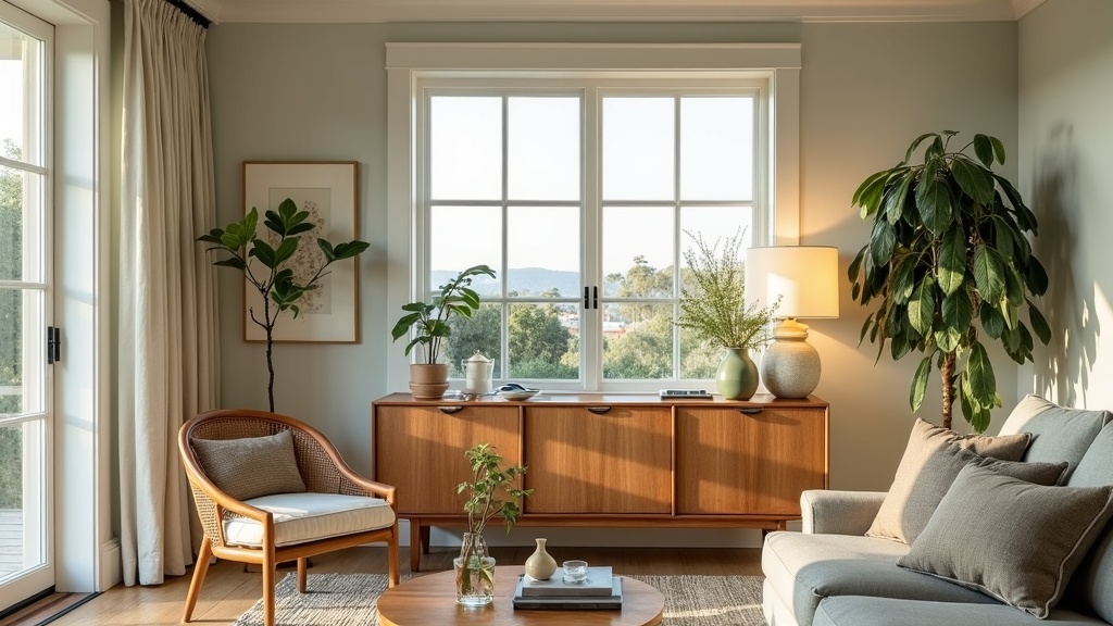 A coastal living room with a restored timber sideboard, rattan chair, linen sofa and greenery in soft natural light